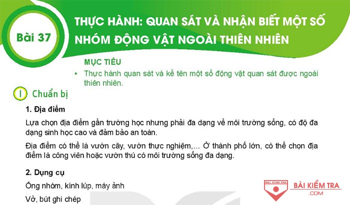 Bài 37 Thực hành Quan sát và phân biệt một số nhóm động vật ngoài thiên nhiên